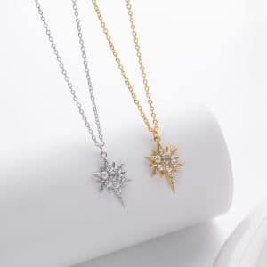 S925 Sterling Silver Inlaid Stone Eight-pointed Stars Pendant Necklace