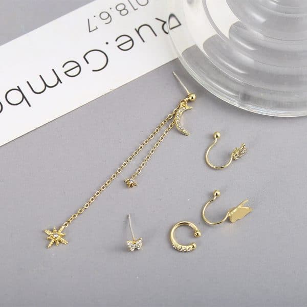 Butterfly Star Moon Rhinestone Earring Set 5 Piece Set